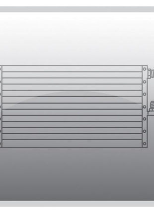 A technical drawing of a rectangular, ribbed metallic component with two connectors on the right side, identified as the Condenser under Sparex Part Number S.112104, commonly found in Sparex catalogues and related products.