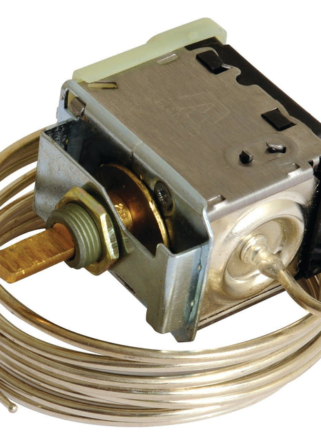 The Thermostatic Switch | Sparex Part No. S.112295, featuring a coiled sensor tube and an adjustment knob, is ideal for use in John Deere or Massey Ferguson equipment.