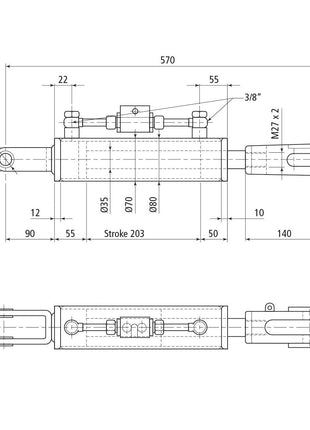 Technical drawing of the Sparex Hydraulic Levelling Box, including detailed measurements and annotations showing dimensions, minimum length of 570mm, stroke length, cylinder bore of 70mm, fork hole diameters of Ø 22mm and Ø 22x48mm end fittings. The drawing showcases connecting parts from various views along with the supplied hoses.
