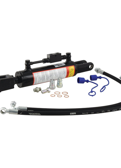 A Sparex Hydraulic Levelling Box kit, featuring hoses and connectors with fork hole diameters of 22mm and 22x48mm, a minimum length of 570mm, and a cylinder bore of 70mm (Sparex Part No. S.113920), is placed on a white background.