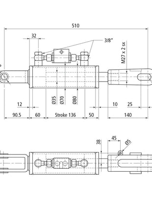 Technical engineering drawing of a Sparex Hydraulic Levelling Box, including detailed dimensions, specifications, and a cylinder bore measurement of 70mm. Supplied with hoses and featuring fork holes of Ø 22mm and Ø 22x48mm. Minimum length is 510mm. (Sparex Part No.S.113921)