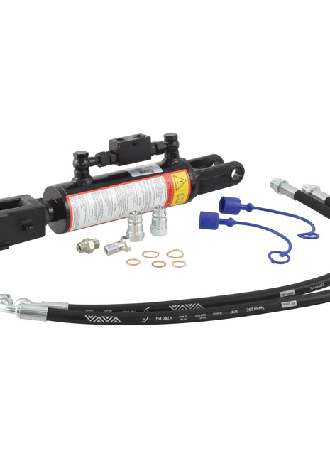 Displayed against a white background is the Sparex Hydraulic Levelling Box, which comes with attached hoses and end fittings. It features fork holes of Ø 22mm and Ø 22x48mm and protective caps, with a minimum length of 510mm and a cylinder bore of 70mm (Sparex Part No.S.113921).