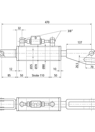 Technical drawing of a Sparex Hydraulic Levelling Box (Part No. S.113923) with detailed dimensions and measurements annotated, including a stroke length of 110mm, total length of 470mm, cylinder bore size of 70mm, fork hole diameters Ø22mm and Ø26/27x97mm, as well as various other component dimensions in millimeters.