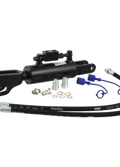 Hydraulic Levelling Box with hoses, fittings, and connectors displayed on a white background, featuring the Sparex Check Valve for seamless integration. Product details: Supplied with hoses, Fork Hole Ø 22mm - Fork Hole Ø 26 & 27x97mm - Min. Length: 470mm, Cylinder Bore: 70mm. | Sparex Part No.S.113923