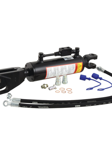 A Sparex Hydraulic Levelling Box kit, which includes hoses and connectors, complemented with blue plastic caps and compatible with Case IH tractors, arranged on a white background.