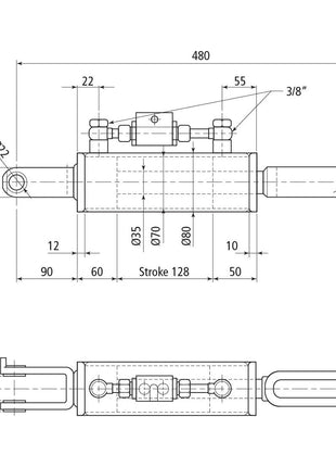 A technical drawing of the Hydraulic Levelling Box (Sparex Part No. S.113926) includes labeled dimensions such as a minimum length of 480 mm and a cylinder bore diameter of 70 mm. The drawing details various diameter and placement measurements for components and fittings, including fork holes with an Ø 22mm. This hydraulic levelling box is suitable for integration with Sparex check valve systems on Ford New Holland equipment.