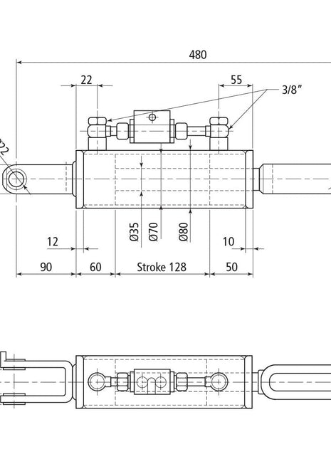 A technical drawing of the Hydraulic Levelling Box (Sparex Part No. S.113926) includes labeled dimensions such as a minimum length of 480 mm and a cylinder bore diameter of 70 mm. The drawing details various diameter and placement measurements for components and fittings, including fork holes with an Ø 22mm. This hydraulic levelling box is suitable for integration with Sparex check valve systems on Ford New Holland equipment.