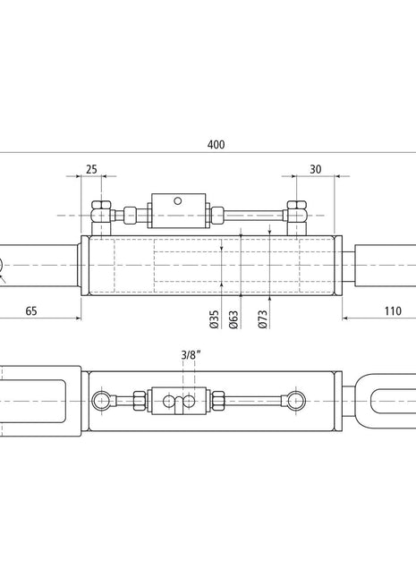 Technical drawing of a Sparex Hydraulic Levelling Box (Part No. S.113927) with dimensions labeled, featuring side and top views. The minimum length is 400 mm and includes a Cylinder Bore of 63 mm, with various component lengths and diameters noted, including Fork Hole Ø 18mm and Fork Hole Ø 26mm.