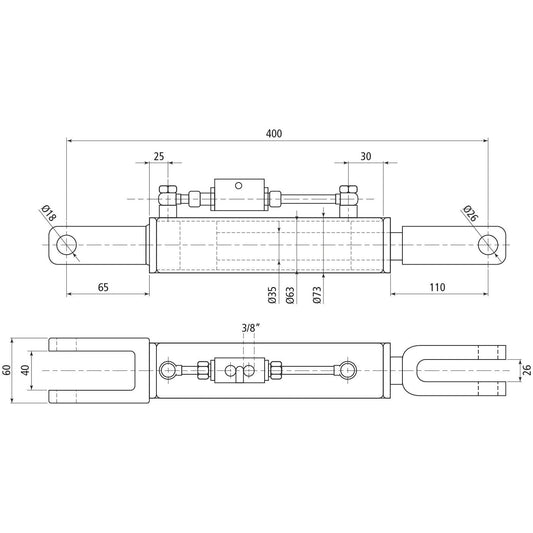 Technical drawing of a Sparex Hydraulic Levelling Box (Part No. S.113927) with dimensions labeled, featuring side and top views. The minimum length is 400 mm and includes a Cylinder Bore of 63 mm, with various component lengths and diameters noted, including Fork Hole Ø 18mm and Fork Hole Ø 26mm.