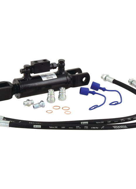 The Sparex Hydraulic Levelling Box (Part No. S.113927) with a Cylinder Bore of 63mm includes a black cylinder, two hoses, metal fittings, washers, and blue protective caps.