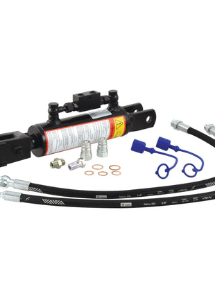 A Sparex Hydraulic Levelling Box, complete with hoses, fittings, a Sparex Check Valve, and protective caps, is laid out on a white background. (Part No.S.113928)