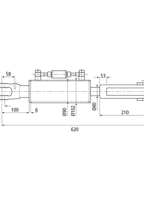 A technical drawing of the Sparex Hydraulic Levelling Box with precise measurements labeled, including dimensions for length, width, and diameter of various parts. The minimum length is 620 mm, and the cylinder bore is 90 mm. The diagram also details the Sparex Check Valve and end fittings to ensure accurate assembly. The Fork Hole dimensions are Ø 26mm and Ø 26x61mm.

