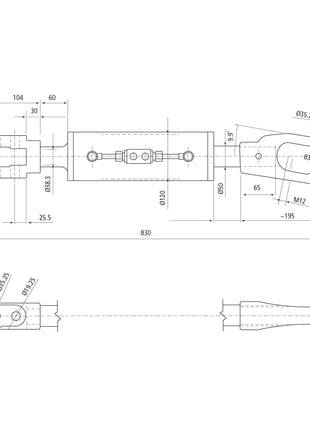 Technical drawing of a mechanical component with precise measurements in millimeters. The drawing features front and side views, including dimensions for length, width, and hole placement. This specific design is compatible with Case IH MAGNUM machinery, ensuring seamless integration. For instance, the Sparex Hydraulic Levelling Box (Supplied with: Hoses) - Fork Hole Ø36mm - Min. Length: 830mm, Cylinder Bore: 120mm (Sparex Part No.S.113931) aligns perfectly for optimal performance in these machines.

