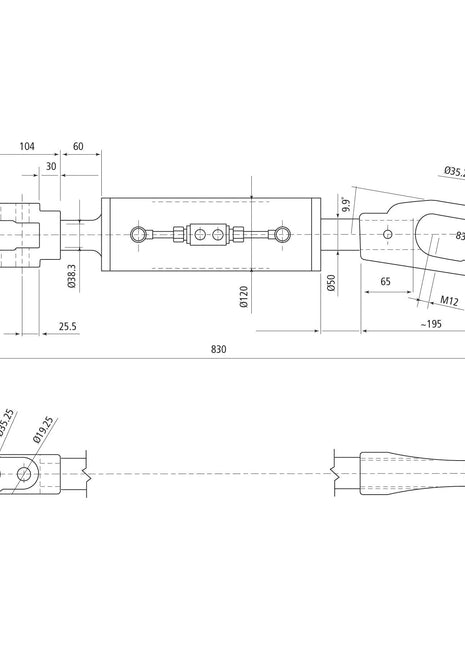 Technical drawing of a mechanical component with precise measurements in millimeters. The drawing features front and side views, including dimensions for length, width, and hole placement. This specific design is compatible with Case IH MAGNUM machinery, ensuring seamless integration. For instance, the Sparex Hydraulic Levelling Box (Supplied with: Hoses) - Fork Hole Ø36mm - Min. Length: 830mm, Cylinder Bore: 120mm (Sparex Part No.S.113931) aligns perfectly for optimal performance in these machines.

