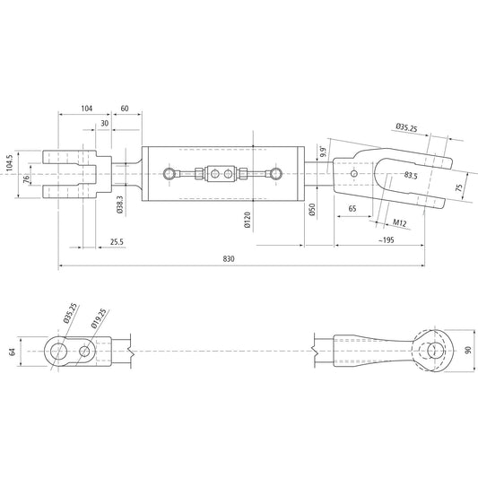 Technical drawing of a mechanical component with precise measurements in millimeters. The drawing features front and side views, including dimensions for length, width, and hole placement. This specific design is compatible with Case IH MAGNUM machinery, ensuring seamless integration. For instance, the Sparex Hydraulic Levelling Box (Supplied with: Hoses) - Fork Hole Ø36mm - Min. Length: 830mm, Cylinder Bore: 120mm (Sparex Part No.S.113931) aligns perfectly for optimal performance in these machines.

