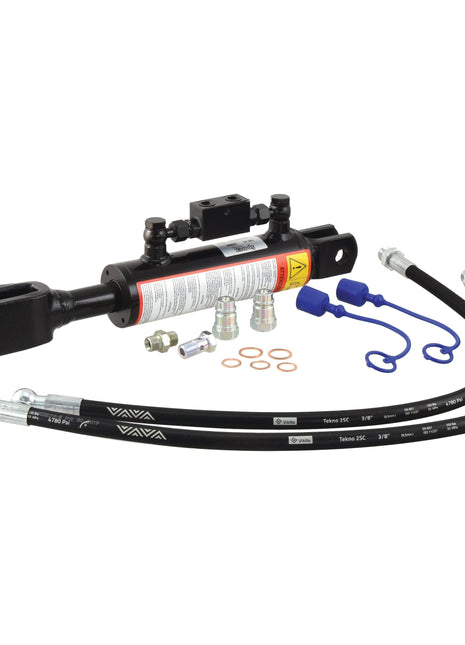 Hydraulic Levelling Box by Sparex (Supplied with: Hoses) featuring black hydraulic hoses, metal end fittings, and various accessories—including blue plastic caps and copper washers—neatly laid out on a white background. Fork Hole Ø 19mm, Fork Hole Ø 26x60mm, Minimum Length: 510mm, Cylinder Bore: 63mm. | Sparex Part No.S.113939