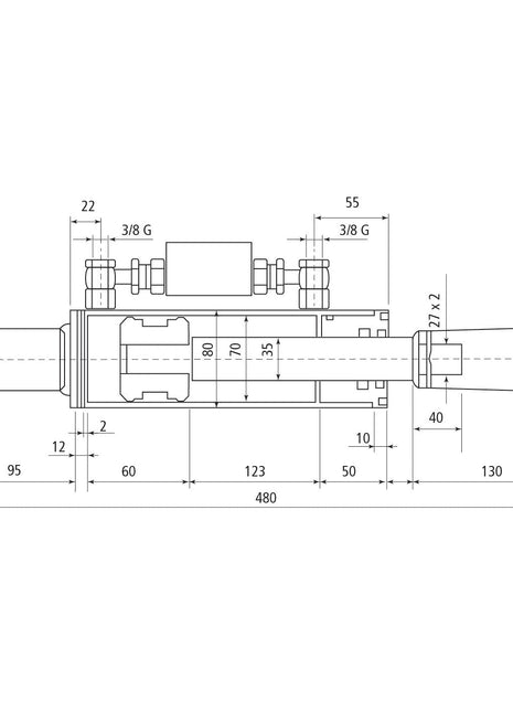 Technical drawing of a mechanical component, including detailed measurements for various lengths, widths, and diameters in millimeters. Features specific to the Hydraulic Levelling Box (Sparex Part No.S.113944), with fork hole diameters of 22mm and 23x50mm, a minimum length of 480mm, and a cylinder bore diameter of 70mm.