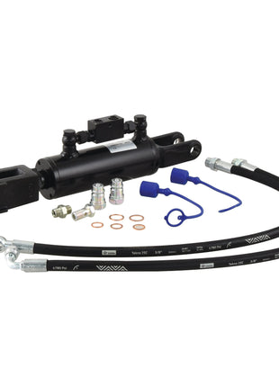 Close-up of a hydraulic levelling box kit from Sparex, showcasing the top cylinder bore, hoses, fittings, and washers against a white background. The product features fork hole diameters of 22mm and 23x50mm, with a minimum length of 480mm and a cylinder bore of 70mm (Sparex Part No.S.113944).