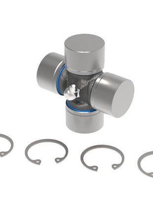 A Weasler Universal Joint - 22 x 54.8mm (Heavy Duty) from Sparex, part number S.115335, is displayed in an organized arrangement with four surrounding snap rings, highlighting its robust design and compact size.