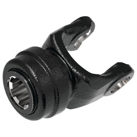 The Sparex PTO Yoke - Quick Release (U/J Size: 27 x 70mm) with a size of 1 3/8''-6 Spline, known as Sparex Part No. S.115351, is a black yoke commonly used in automotive applications, featuring a smooth surface and precision-cut edges.