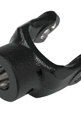 The Sparex PTO Yoke - Pinhole Yoke (U/J Size: 27 x 74.5mm) features a black metal design with two prongs, a Ø1 1/4'' cylindrical opening, and a pinhole diameter of Ø3/8'', compatible with Weasler PTO Series universal joints for use in mechanical applications.