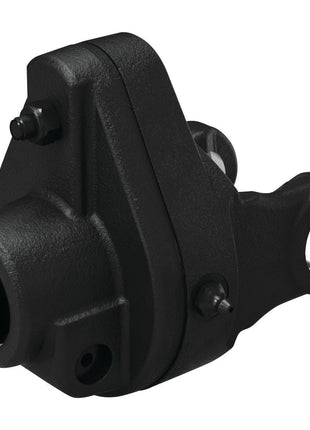 The Weasler PTO Shearbolt Clutch (U/J Size: 30.2 x 92mm, Size: 1 3/8"-6 Spline - S.115458) by Sparex features a black mechanical component with multiple mounting points, a circular opening on the left side, and a pivoting arm-like structure on the right side. The surface has a textured finish and belongs to an Italian series renowned for its precision engineering and design excellence.