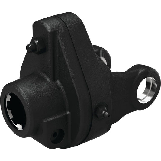 The Weasler PTO Shearbolt Clutch (U/J Size: 30.2 x 92mm, Size: 1 3/8"-6 Spline - S.115458) by Sparex features a black mechanical component with multiple mounting points, a circular opening on the left side, and a pivoting arm-like structure on the right side. The surface has a textured finish and belongs to an Italian series renowned for its precision engineering and design excellence.