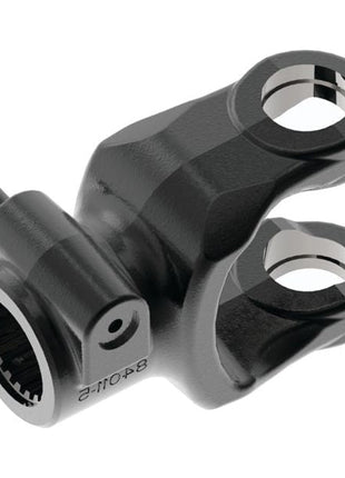 The Sparex PTO Yoke - Quick Release (U/J Size: 30.2 x 92mm) Size: 1 3/4''-20 Spline, part number S.115477, is a black metal component featuring two circular holes and serrated internal grooves for quick release functionality.