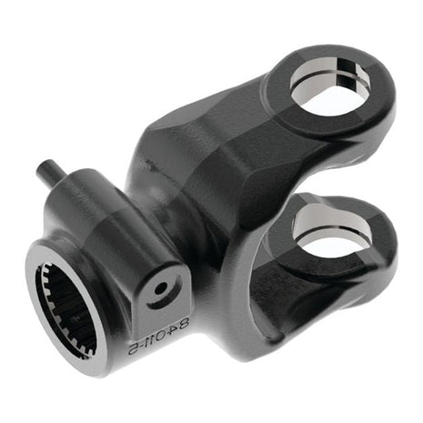 The Sparex PTO Yoke - Quick Release (U/J Size: 30.2 x 92mm) Size: 1 3/4''-20 Spline, part number S.115477, is a black metal component featuring two circular holes and serrated internal grooves for quick release functionality.