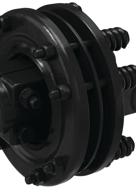 Close-up of a black mechanical component with multiple bolts and springs, featuring cylindrical and circular parts, likely the Sparex PTO Friction Clutch (U/J Size: 30.2 x 92mm) Size: 1 3/4''-6 Spline - S.115484, capable of a torque setting of 1500 Nm.