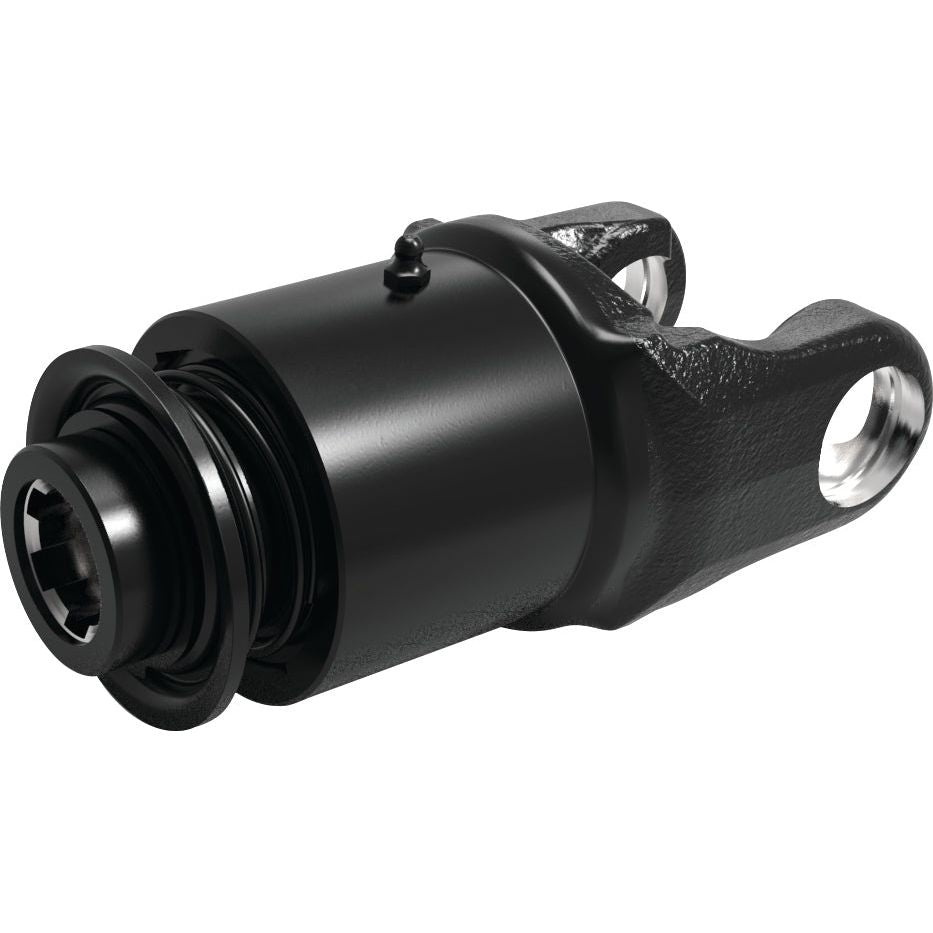 Close-up of a black PTO Over-Running Clutch from Sparex, part of the Weasler German Series. It features a cylindrical body and a bifurcated attachment point, designed for smooth anti-clockwise tractor PTO rotation. (U/J Size: 32 x 76mm) Size: 1 3/8''-6 Spline - S.117839