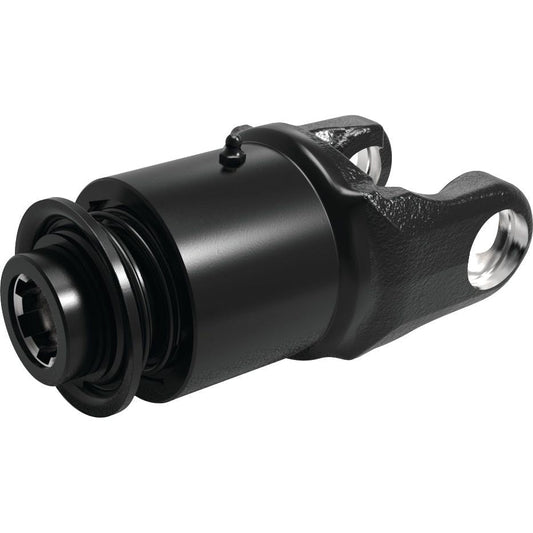 Close-up of a black PTO Over-Running Clutch from Sparex, part of the Weasler German Series. It features a cylindrical body and a bifurcated attachment point, designed for smooth anti-clockwise tractor PTO rotation. (U/J Size: 32 x 76mm) Size: 1 3/8''-6 Spline - S.117839