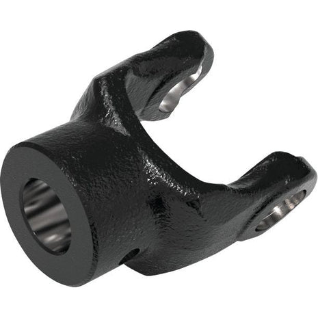 A black metal yoke with a cylindrical base and two forked prongs, often utilized in mechanical and automotive applications, matches the universal joint dimensions of the Sparex PTO Yoke - Keyed Yoke (U/J Size: 22 x 54mm) Bore Ø25mm, Key Size: 8mm. (Sparex Part No. S.117939) from the PTO series AB1/A1.