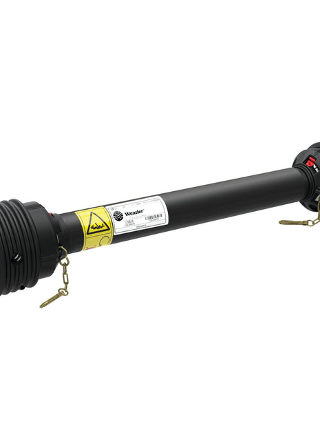 The Sparex PTO Shaft - (Lz) Length: 810mm, 1 3/8'' x 6 Spline Q.R. to 1 3/8'' x 6 Spline Q.R. (S.117976) is a black agricultural drive shaft featuring a protective guard, quick-release collars on both ends, and safety warning labels. Part of the PTO Series, it includes universal joint dimensions and an HP rating for optimized performance.