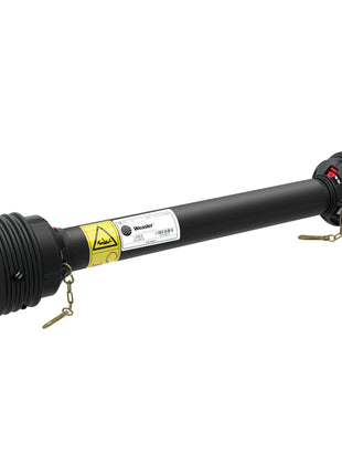 The Sparex PTO Shaft - (Lz) Length: 860mm, 1 3/8'' x 6 Spline Q.R. to 1 3/8'' x 6 Spline Q.R. - S.118046 is a black heavy-duty drive shaft featuring an Easylock Guard, protective covers at both ends, and a safety warning label in the center. It is suitable for applications up to 100HP in the Italian Series.