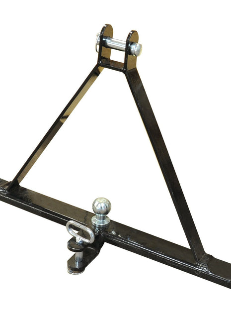 The Sparex Drawbar Hitch System (Cat. 1), featuring a sturdy black metal triangular frame, offers a central mounting ball, multiple fastening components, and an included linch pin for secure connections. With nine holes and a length of 775mm, it is perfect for off-road use. (Sparex Part No. S.119468)