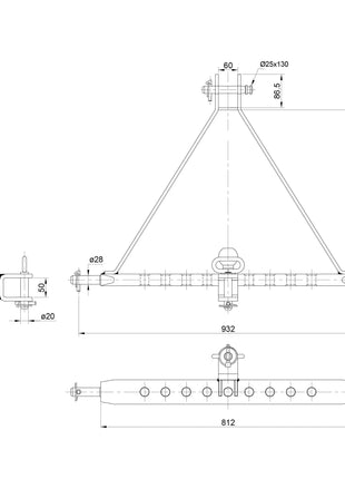 Technical drawing of the Drawbar Hitch System (Cat. 2) manufactured by Sparex for off-road use, illustrating front, side, and top views with detailed measurements including Pin Diameter and featuring 9 holes in a structure spanning 932mm (Sparex Part No. S.119469).