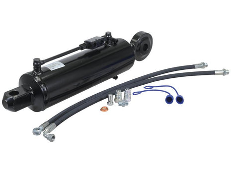 The Sparex Hydraulic Top Link (Cat.-/3) with a 120mm cylinder bore and a minimum length of 760mm, designed as an implement end cylinder for tractors, features attached hoses, fittings, and blue protective covers, all set against a white background. Its Sparex part number is S.119710.