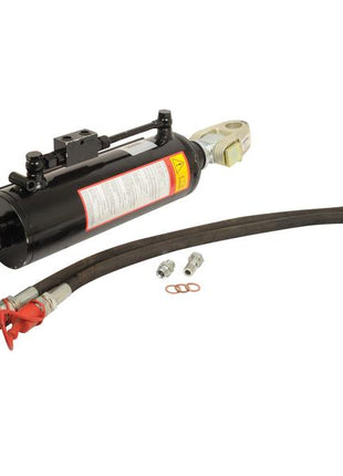 Enhance your tractor's attachment capabilities with the Sparex Hydraulic Top Link Kit (Cat.35mm/4). This kit includes a black hydraulic cylinder with a 120mm bore, complete with knuckle and Q.R CBM hook, two hydraulic hoses, two fittings, and three copper washers. The cylinder has a minimum length of 760mm. Designed for precision and efficiency, it's the perfect addition to your tractor implements.