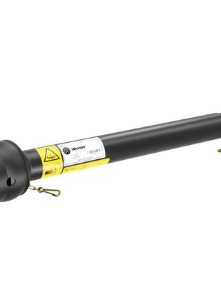 The Sparex Weasler PTO Shaft - WWCV Wide Angle - Length 1510mm, 1 3/8'' x 6 (Sparex Part Number: S.119898) is a black drive shaft equipped with protective guards on both ends and safety warning labels along its length, featuring a Weasler Clutch for added durability.