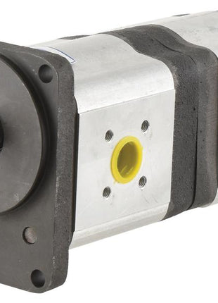 The Sparex Tandem Hydraulic Pump (Part Number: S.119932) features a double gear hydraulic system with a black mounting flange, two yellow port holes, and a visible gear shaft. The metallic body is accented with black bands and supports anti-clockwise rotation for enhanced functionality.