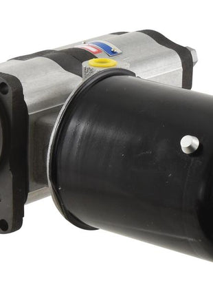 A Tandem Hydraulic Pump (Sparex Part Number: S.119934) from Sparex, featuring a metal casing, black cylindrical body, mounting flange, and various fittings, is shown against a white background. This pump is designed with anti-clockwise rotation for efficient performance.