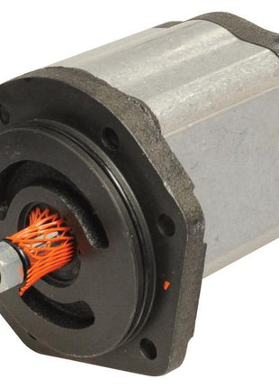 Close-up shot of a cylindrical mechanical component, featuring a metal body, an array of orange wires, and a black mounting plate. This Single Hydraulic Pump (Sparex Part Number: S.119938) from Sparex is designed for pump rotation clockwise.