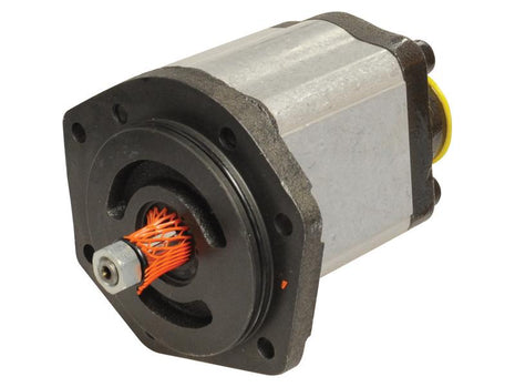 Close-up shot of a cylindrical mechanical component, featuring a metal body, an array of orange wires, and a black mounting plate. This Single Hydraulic Pump (Sparex Part Number: S.119938) from Sparex is designed for pump rotation clockwise.