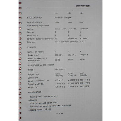 Page from AGCO's Massey Ferguson Operators Manual (1646269M1), featuring detailed specifications for models 120 and 128, including bale chamber, plunger, wheel height, accessories, and various measurements for the 120 Baler.