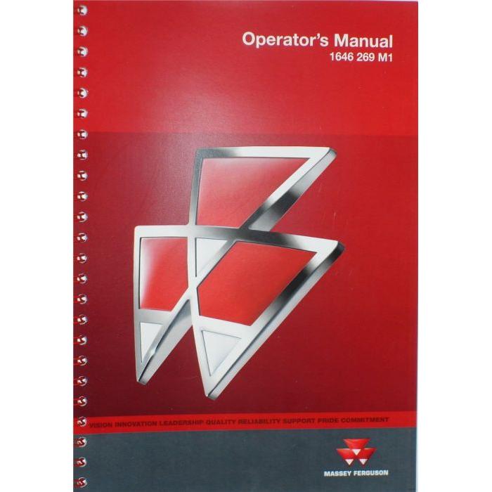Red operator's manual with a spiral binding, titled "Massey Ferguson - 120/124/128 Baler Operators Manual -1646269M1" featuring the Massey Ferguson logo at the bottom, perfect for models 120 Baler and more, brought to you by AGCO.