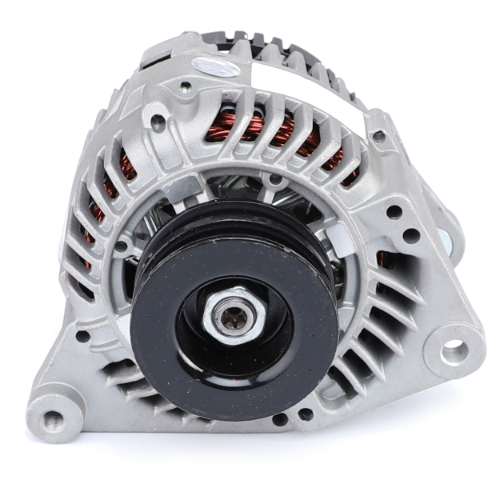 Introducing the AGCO Massey Ferguson - 120 AMP Alternator (3780634M1), featuring a silver casing, black pulley, and visible copper wiring, perfect for Massey Ferguson 8200 Series tractors.