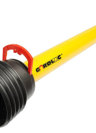 A GARDLOC PTO Shaft from Sparex, with a length of 710mm, featuring black universal joints on both ends and a central red guard loop, designed for the PTO Series AB1/A1. This yellow shaft is labeled "GARDLOC" and has a configuration of 1 3/8'' x 6 Spline Q.R. to 1 3/8'' x 6 Spline Q.R., Sparex Part Number: S.128672.