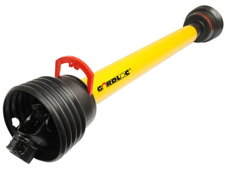 A GARDLOC PTO Shaft from Sparex, with a length of 710mm, featuring black universal joints on both ends and a central red guard loop, designed for the PTO Series AB1/A1. This yellow shaft is labeled "GARDLOC" and has a configuration of 1 3/8'' x 6 Spline Q.R. to 1 3/8'' x 6 Spline Q.R., Sparex Part Number: S.128672.