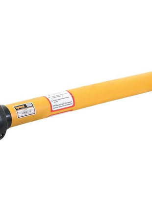 Close-up of the yellow Sparex GARDLOC PTO Shaft (Lz) with black ends, featuring protective guards and a small informational label in the middle. This model, Sparex Part Number S.128676, includes the GARDLOC Clutch for added durability.